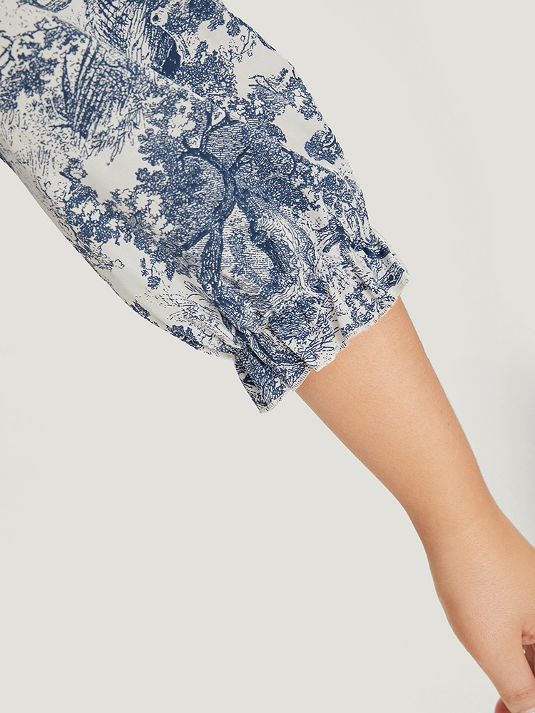 Plus Size Multicolor Print Knot Neck Lantern Sleeve Ruffle Hem Blouse Women Vacation Half Sleeve V-neck Dailywear Blouses BloomChic 22-24/3X 