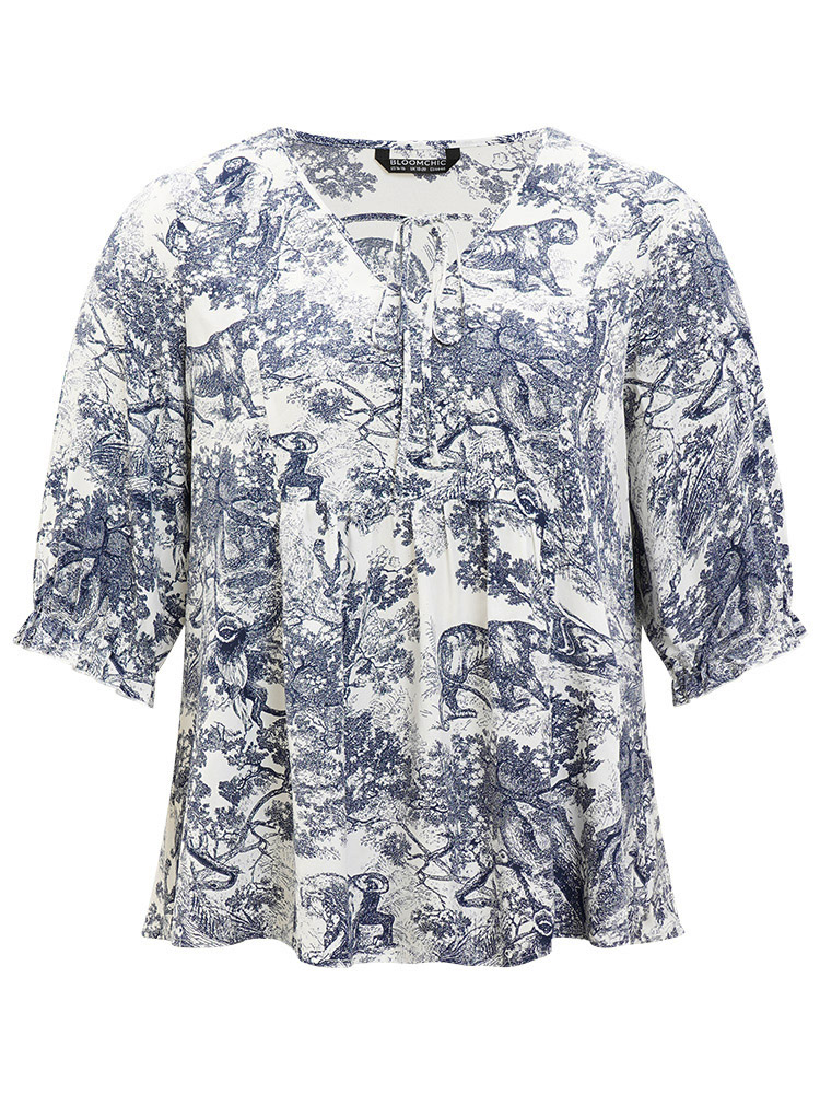 Plus Size Multicolor Print Knot Neck Lantern Sleeve Ruffle Hem Blouse Women Vacation Half Sleeve V-neck Dailywear Blouses BloomChic 22-24/3X 