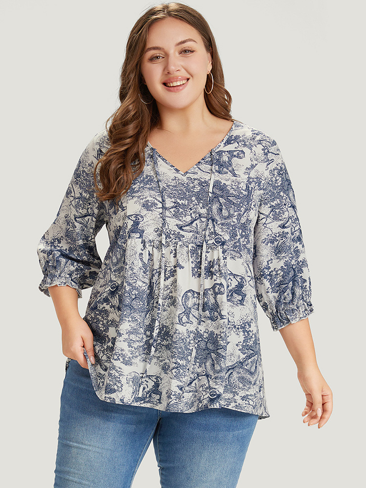 Plus Size Multicolor Print Knot Neck Lantern Sleeve Ruffle Hem Blouse Women Vacation Half Sleeve V-neck Dailywear Blouses BloomChic 22-24/3X 