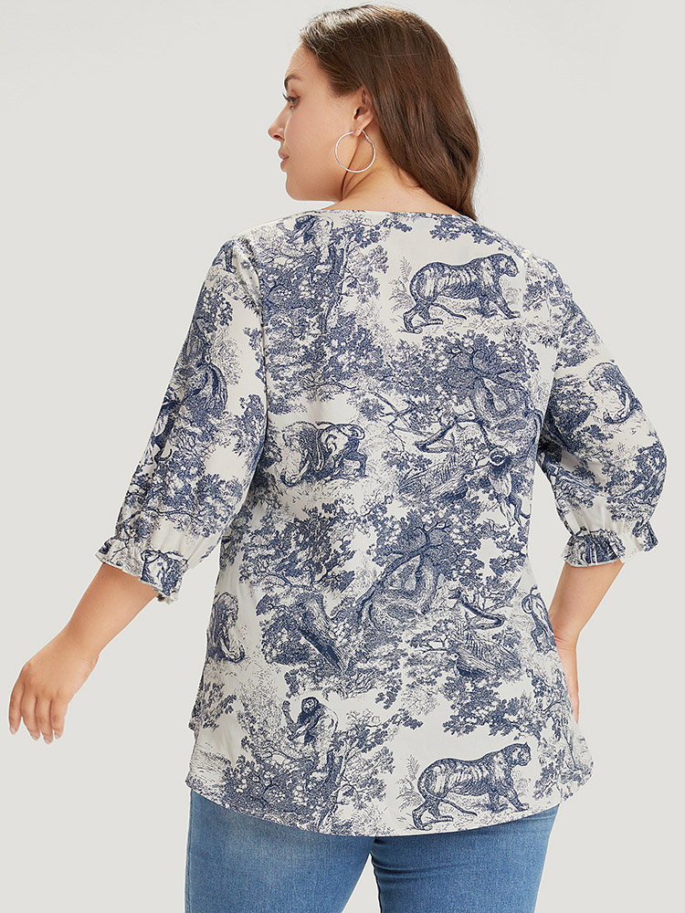 Plus Size Multicolor Print Knot Neck Lantern Sleeve Ruffle Hem Blouse Women Vacation Half Sleeve V-neck Dailywear Blouses BloomChic 22-24/3X 