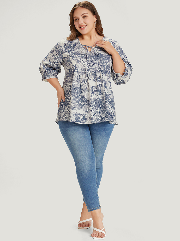 Plus Size Multicolor Print Knot Neck Lantern Sleeve Ruffle Hem Blouse Women Vacation Half Sleeve V-neck Dailywear Blouses BloomChic 22-24/3X 