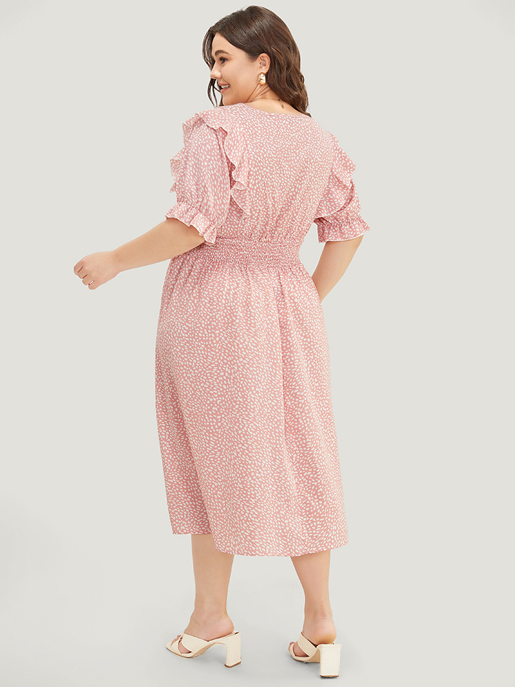 

Plus Size Leopard Ruffle Trim Pocket Shirred Puff Sleeve Dress DustyPink Women Elegant Lined V-neck Short sleeve Curvy Midi Dress BloomChic