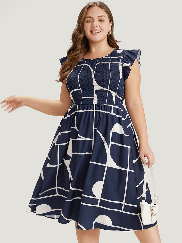 

Plus Size Geometric Pocket Flutter Sleeve Shirred Dress Navy Women Office Pocket Round Neck Cap Sleeve Curvy Midi Dress BloomChic