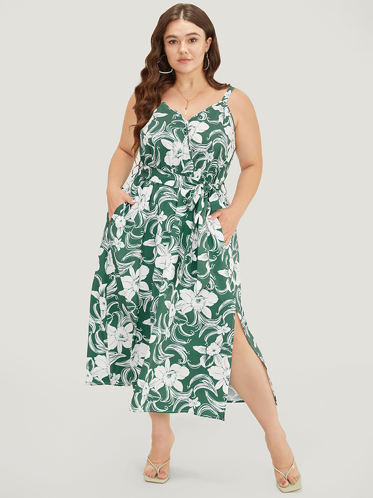 

Plus Size Floral Split Flutter Hem Wrap Pocket Belted Cami Dress Green Women Adjustable Straps V-neck Sleeveless Curvy Midi Dress BloomChic