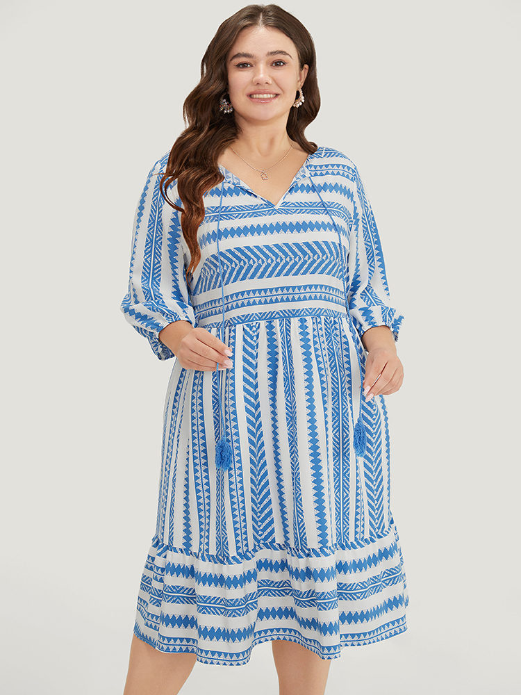 

Plus Size Geometric Print Flutter Hem Pocket Tassels Dress Blue Women Vacation Lined Tie Neck Elbow-length sleeve Curvy Knee Dress BloomChic