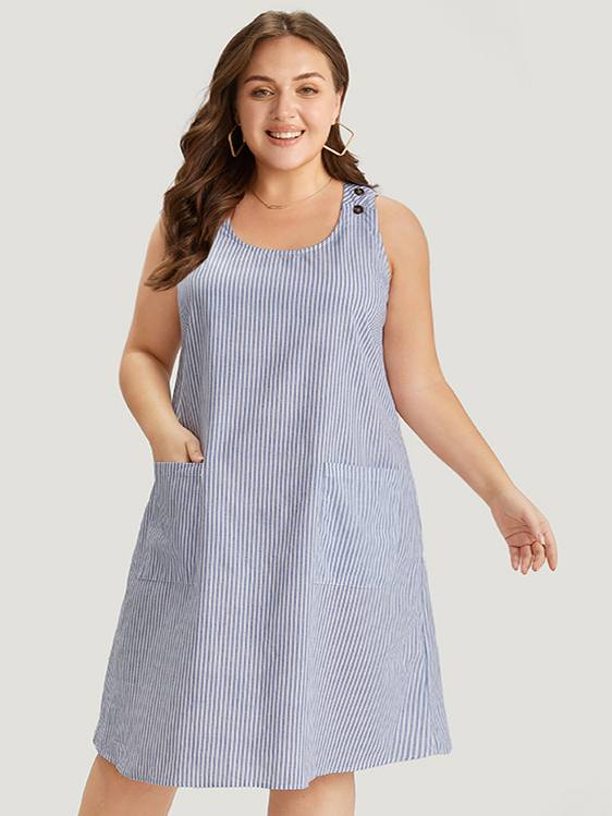 

Plus Size Striped Patched Pocket Adjustable Button Dress LightBlue Women Casual Adjustable Straps Round Neck Sleeveless Curvy Knee Dress BloomChic