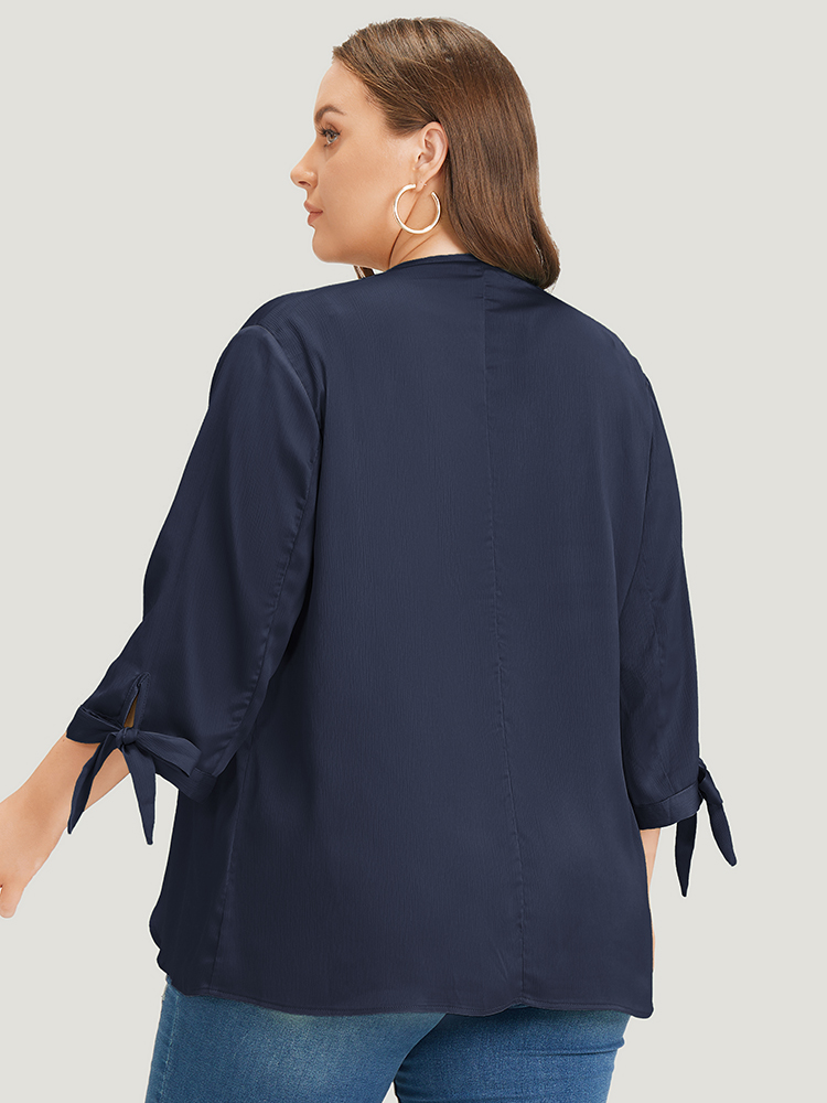 

Plus Size Anti-Wrinkle Solid Open Front Knot Sleeve Waterfall Collar Blazer Women Navy Knotted Work Jackets BloomChic