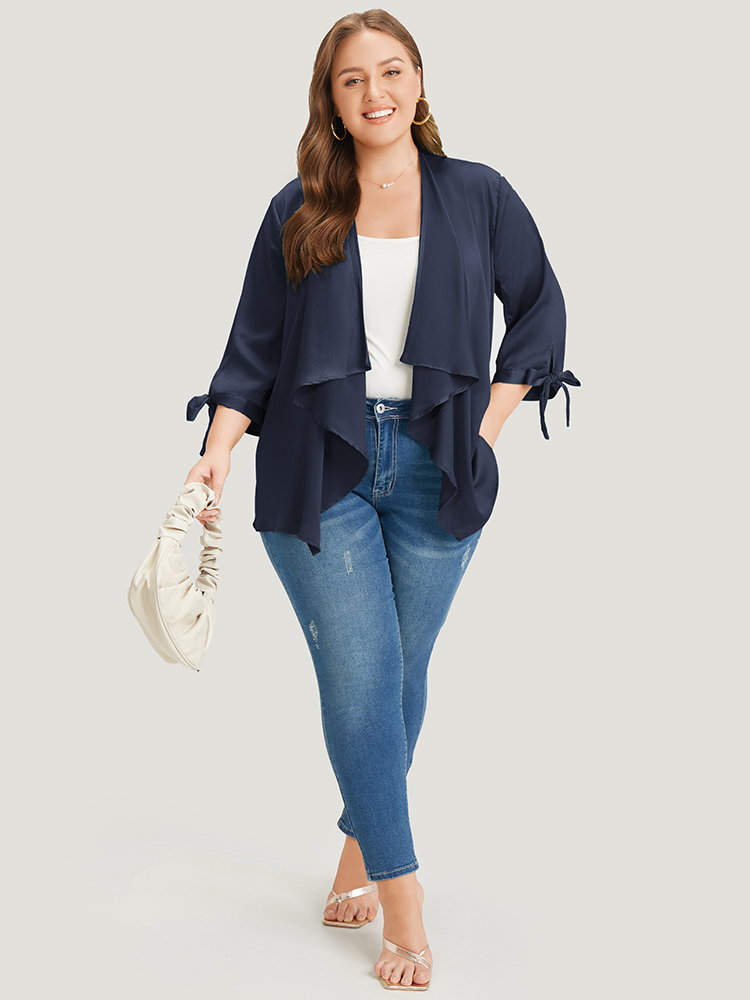 

Plus Size Anti-Wrinkle Solid Open Front Knot Sleeve Waterfall Collar Blazer Women Navy Knotted Work Jackets BloomChic