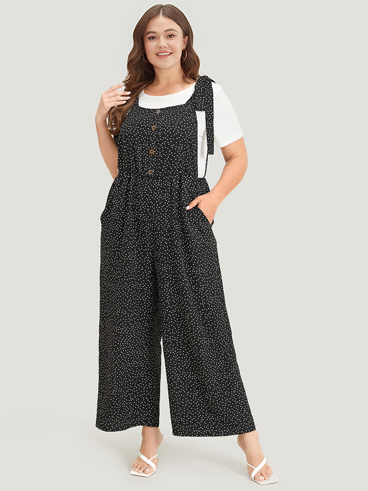 Plus Size Black Polka Dot Pocket Button Detail Overall Jumpsuit Women Casual Sleeveless Square Neck Dailywear Loose Jumpsuits BloomChic 18-20/2X 