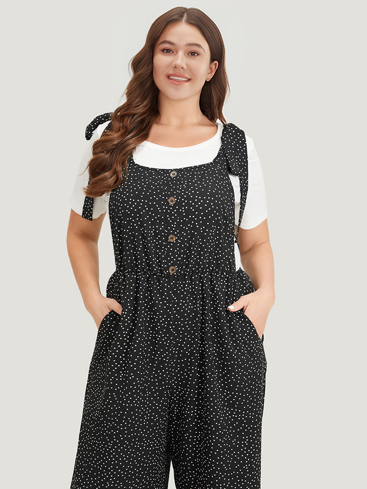 Plus Size Black Polka Dot Pocket Button Detail Overall Jumpsuit Women Casual Sleeveless Square Neck Dailywear Loose Jumpsuits BloomChic 18-20/2X 