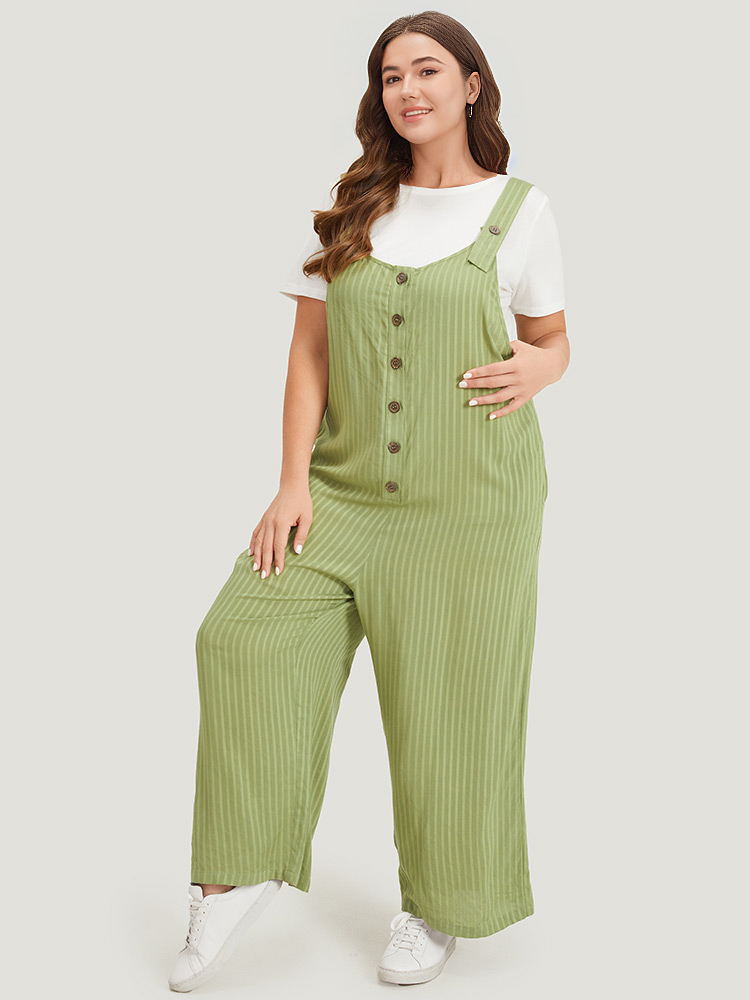 Plus Size Green Striped Pocket Button Through Overall Jumpsuit Women Casual Sleeveless Spaghetti Strap Dailywear Loose Jumpsuits BloomChic 18-20/2X 