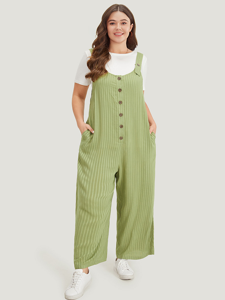 Plus Size Green Striped Pocket Button Through Overall Jumpsuit Women Casual Sleeveless Spaghetti Strap Dailywear Loose Jumpsuits BloomChic 18-20/2X 