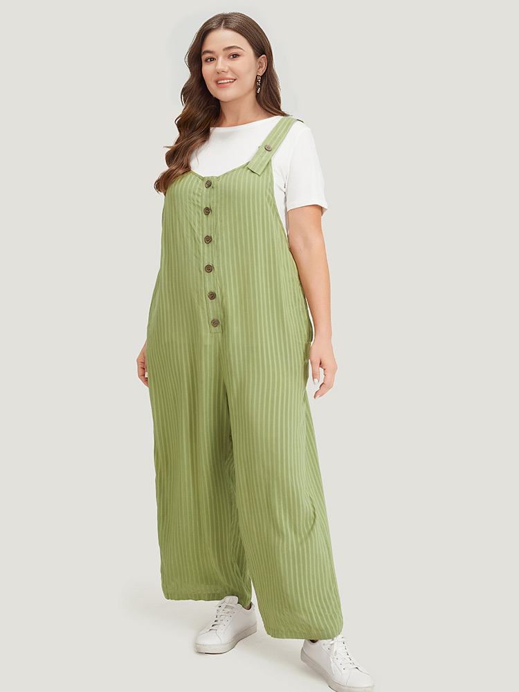 Plus Size Green Striped Pocket Button Through Overall Jumpsuit Women Casual Sleeveless Spaghetti Strap Dailywear Loose Jumpsuits BloomChic 18-20/2X 