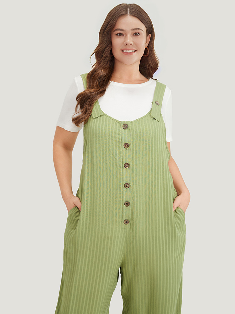 Plus Size Green Striped Pocket Button Through Overall Jumpsuit Women Casual Sleeveless Spaghetti Strap Dailywear Loose Jumpsuits BloomChic 18-20/2X 
