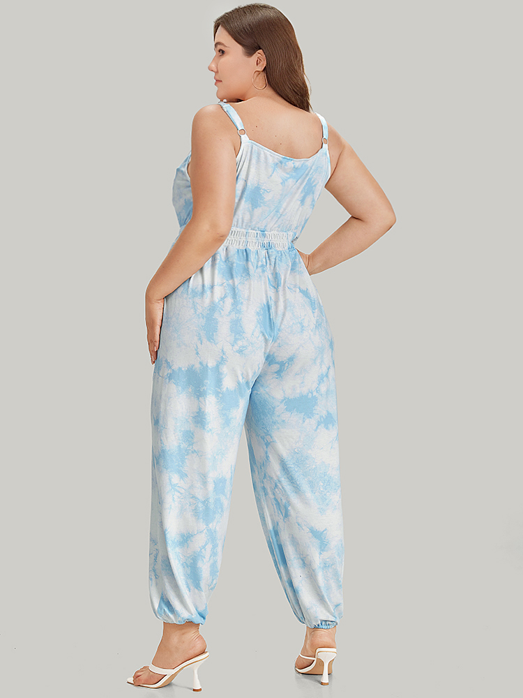 

Plus Size LightBlue Tie Dye Pocket Shirred Cami Jumpsuit Women Casual Sleeveless Spaghetti Strap Dailywear Loose Jumpsuits BloomChic