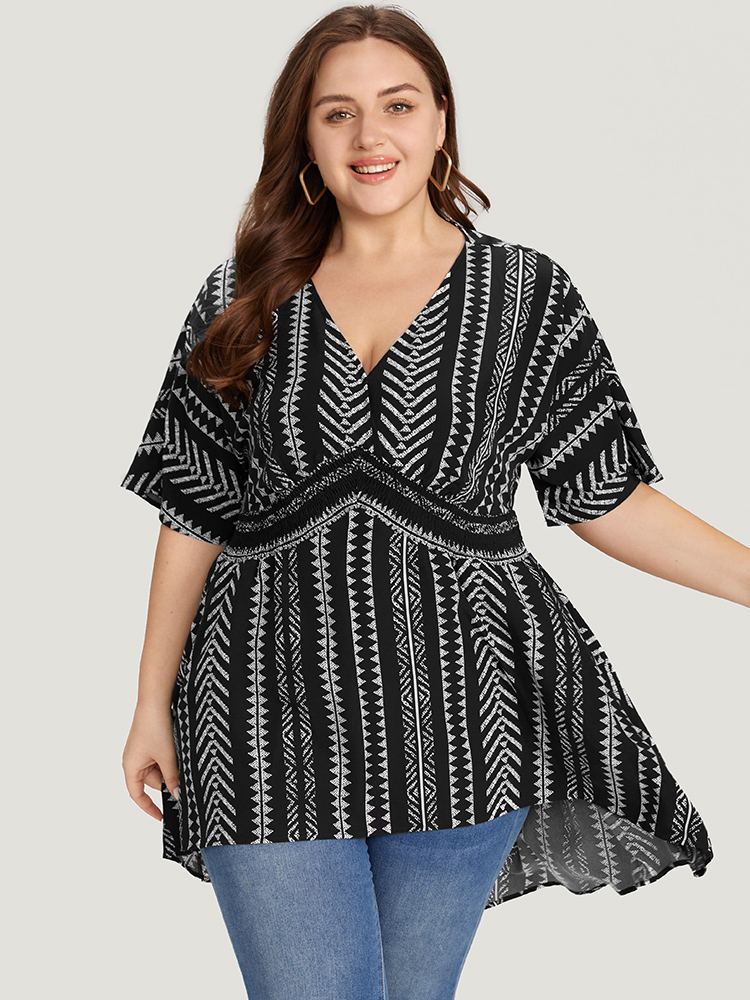 

Plus Size Black Bandana Print High Low Hem Patchwork Blouse Women Elegant Short sleeve Deep V-neck Vacation Blouses BloomChic