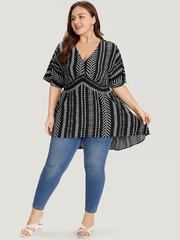 

Plus Size Black Bandana Print High Low Hem Patchwork Blouse Women Elegant Short sleeve Deep V-neck Vacation Blouses BloomChic