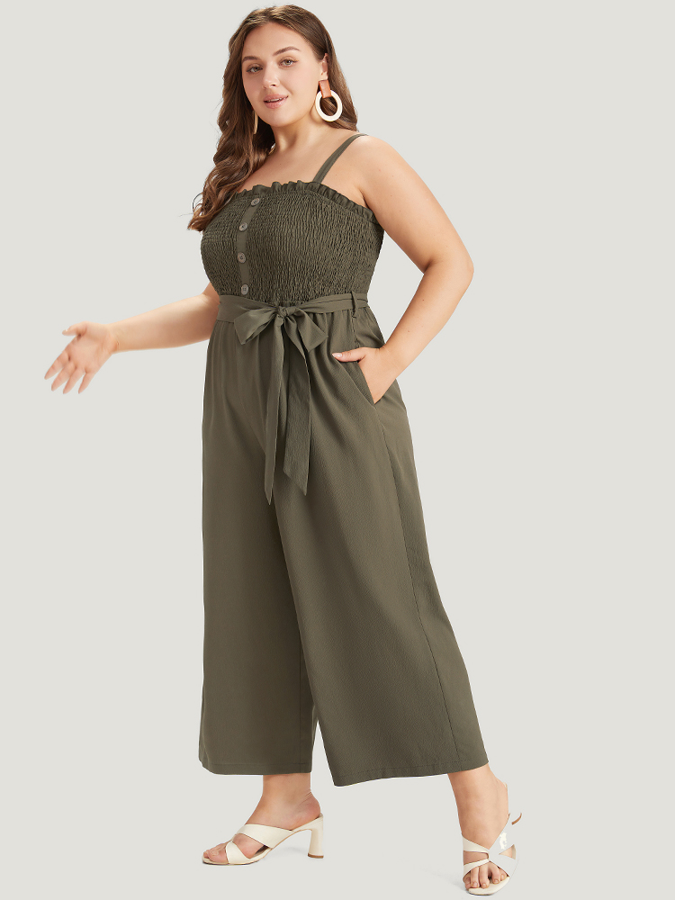 

Plus Size ArmyGreen Shirred Frill Trim Belted Button Detail Cami Jumpsuit Women Elegant Sleeveless Square Neck Dailywear Loose Jumpsuits BloomChic