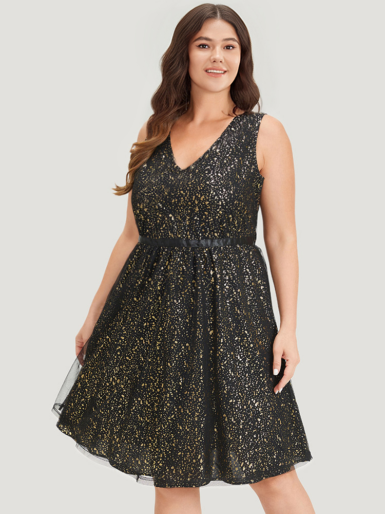 

Plus Size Leopard Glitter Pocket Mesh Ribbon Tank Dress Black Women Party Ribbon V-neck Sleeveless Curvy Knee Dress BloomChic