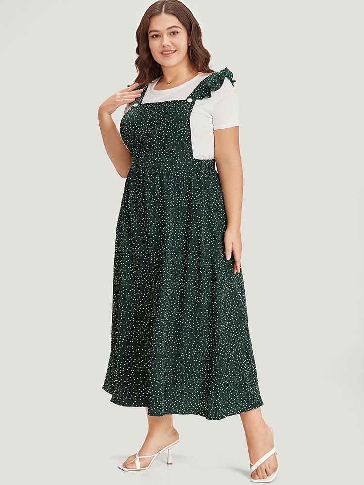 

Plus Size Polka Dot Pocket Flutter Trim Overall Dress Green Women Elastic Waist Spaghetti Strap Sleeveless Curvy Midi Dress BloomChic