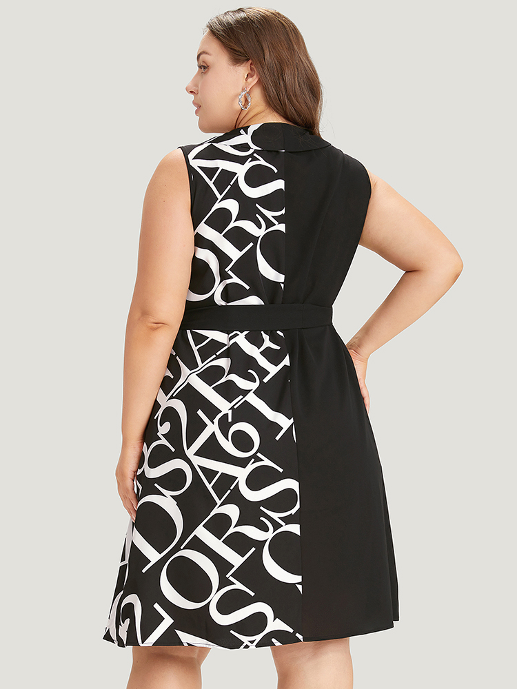 

Plus Size Letter Graphic Patchwork Belted Pocket Shawl Neck Dress Black Women Office Belted V-neck Sleeveless Curvy Midi Dress BloomChic