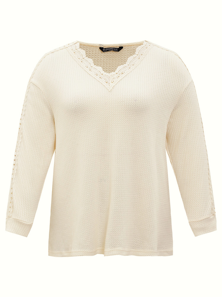 

Plus Size Solid Crochet Lace V Neck Sweatshirt Women Ivory Elegant Lace V-neck Dailywear Sweatshirts BloomChic