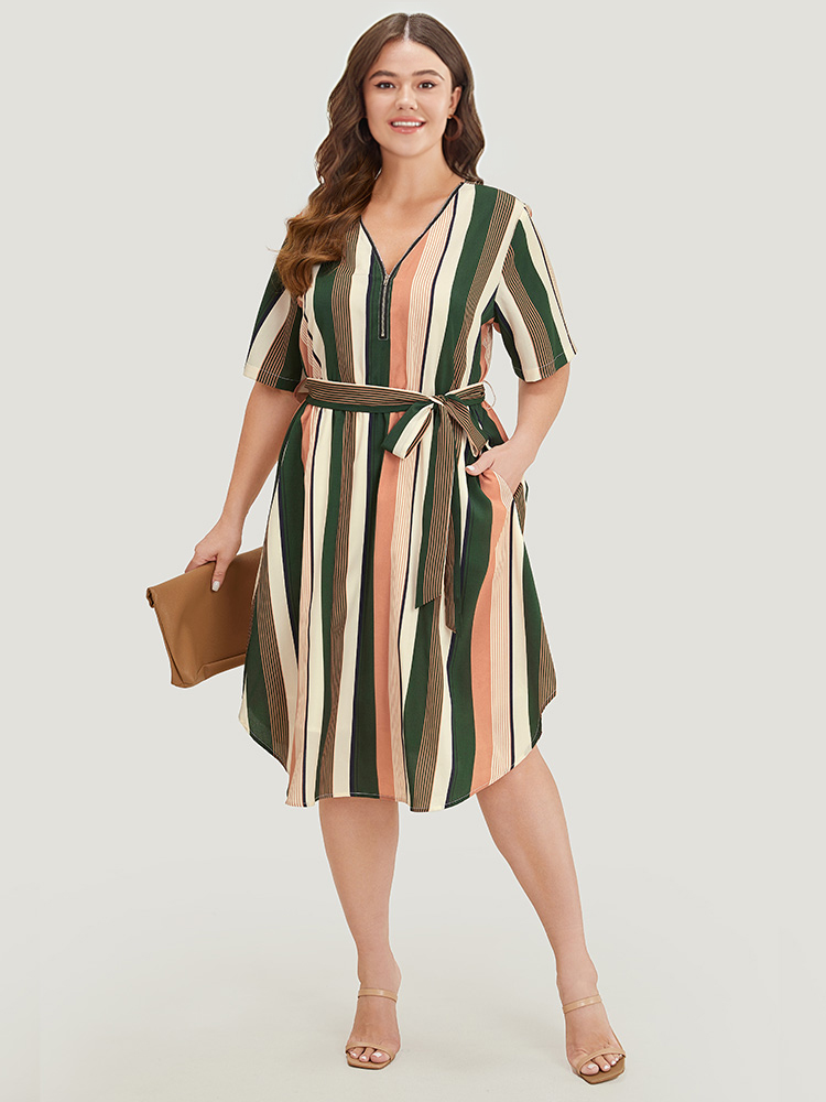 Plus Size Women Work Striped Contrast Regular Sleeve Short sleeve V-neck Pocket Belt Office Dresses BloomChic 