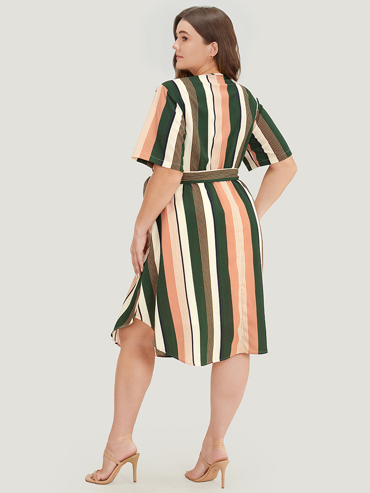 Plus Size Women Work Striped Contrast Regular Sleeve Short sleeve V-neck Pocket Belt Office Dresses BloomChic 