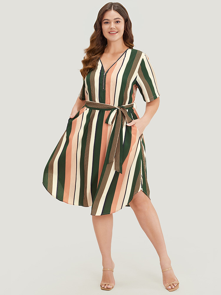 Plus Size Women Work Striped Contrast Regular Sleeve Short sleeve V-neck Pocket Belt Office Dresses BloomChic 