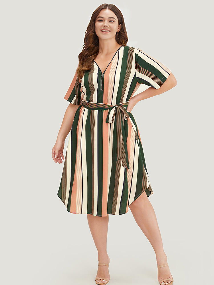 Plus Size Women Work Striped Contrast Regular Sleeve Short sleeve V-neck Pocket Belt Office Dresses BloomChic 