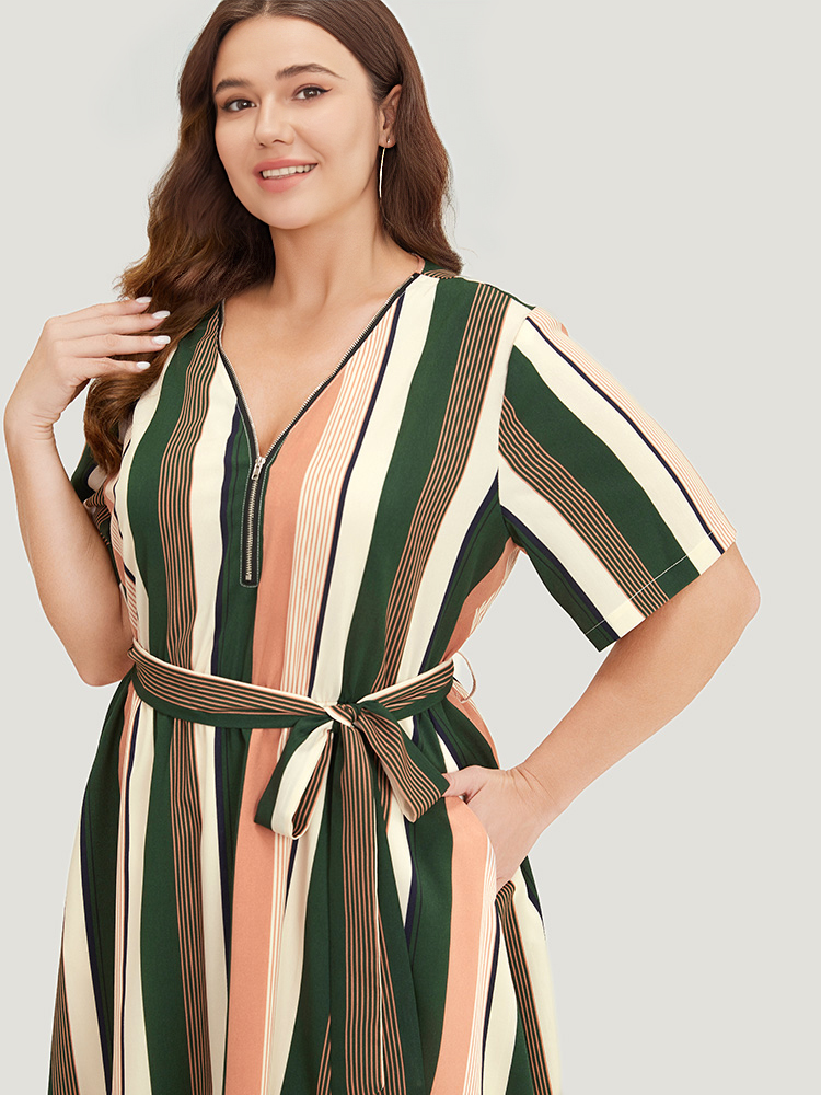 Plus Size Women Work Striped Contrast Regular Sleeve Short sleeve V-neck Pocket Belt Office Dresses BloomChic 