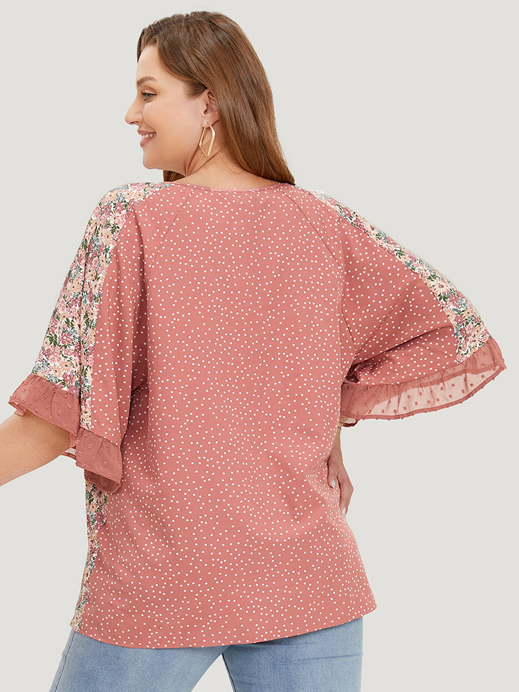 Plus Size Rouge Polka Dot & Ditsy Floral Flounce Sleeve Lace Up Blouse Women Elegant Half Sleeve Tie Neck Dailywear Blouses BloomChic 22-24/3X 
