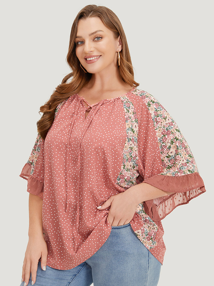 Plus Size Rouge Polka Dot & Ditsy Floral Flounce Sleeve Lace Up Blouse Women Elegant Half Sleeve Tie Neck Dailywear Blouses BloomChic 22-24/3X 