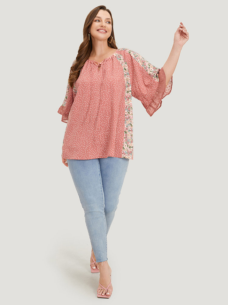 Plus Size Rouge Polka Dot & Ditsy Floral Flounce Sleeve Lace Up Blouse Women Elegant Half Sleeve Tie Neck Dailywear Blouses BloomChic 22-24/3X 