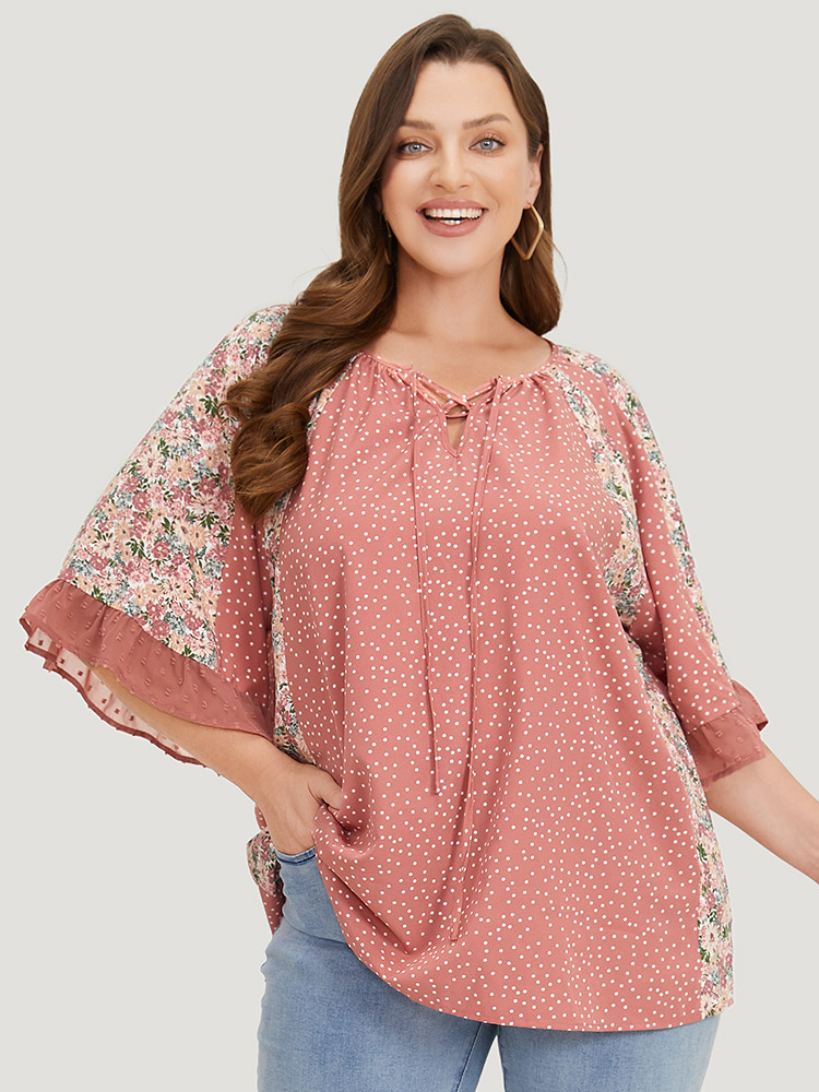 Plus Size Rouge Polka Dot & Ditsy Floral Flounce Sleeve Lace Up Blouse Women Elegant Half Sleeve Tie Neck Dailywear Blouses BloomChic 22-24/3X 