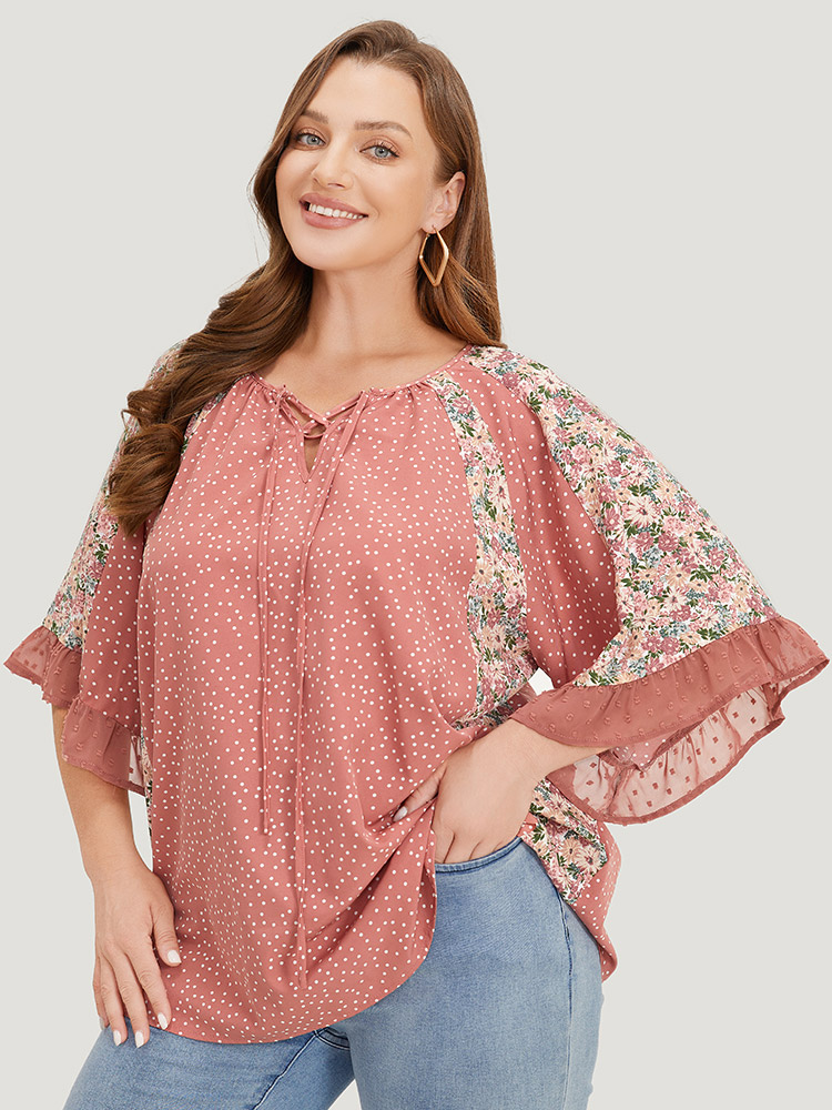 Plus Size Rouge Polka Dot & Ditsy Floral Flounce Sleeve Lace Up Blouse Women Elegant Half Sleeve Tie Neck Dailywear Blouses BloomChic 22-24/3X 