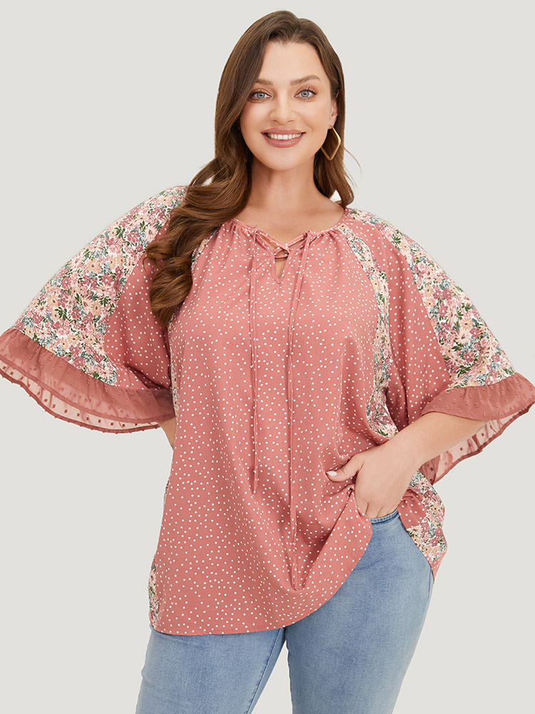 Plus Size Rouge Polka Dot & Ditsy Floral Flounce Sleeve Lace Up Blouse Women Elegant Half Sleeve Tie Neck Dailywear Blouses BloomChic 22-24/3X 