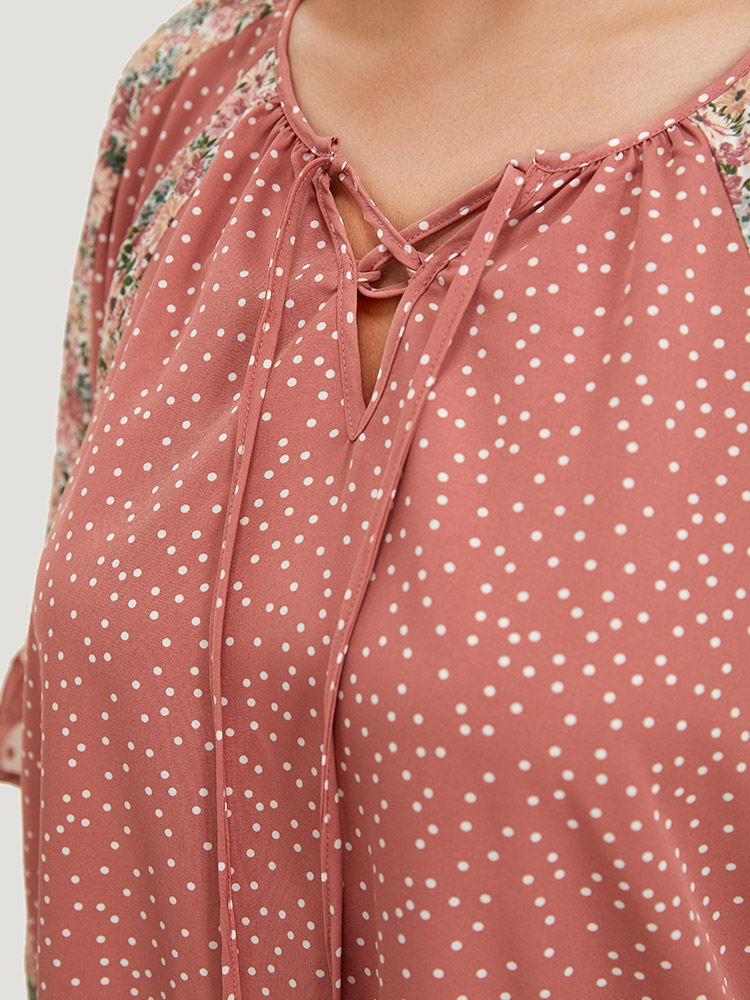 Plus Size Rouge Polka Dot & Ditsy Floral Flounce Sleeve Lace Up Blouse Women Elegant Half Sleeve Tie Neck Dailywear Blouses BloomChic 22-24/3X 