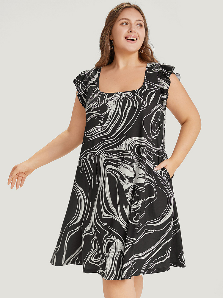 Plus Size Marble Pocket Ruffle Cap Sleeve Square Neck Dress Black Women Casual Pocket Square Neck Sleeveless Curvy Midi Dress BloomChic 14-16/1X 