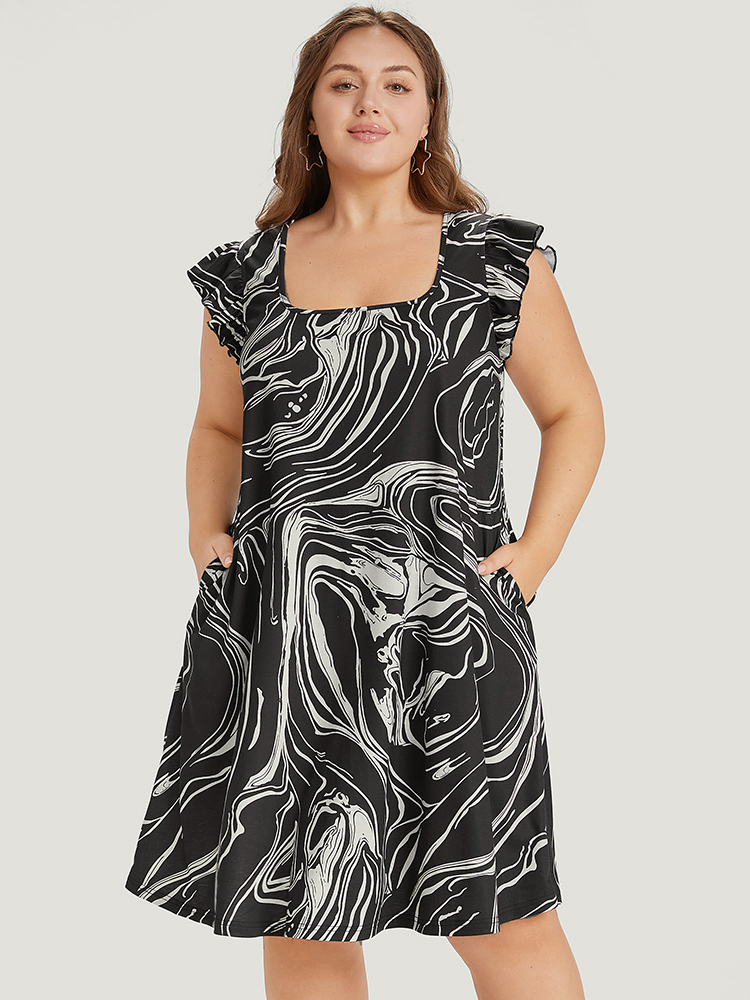 Plus Size Marble Pocket Ruffle Cap Sleeve Square Neck Dress Black Women Casual Pocket Square Neck Sleeveless Curvy Midi Dress BloomChic 14-16/1X 
