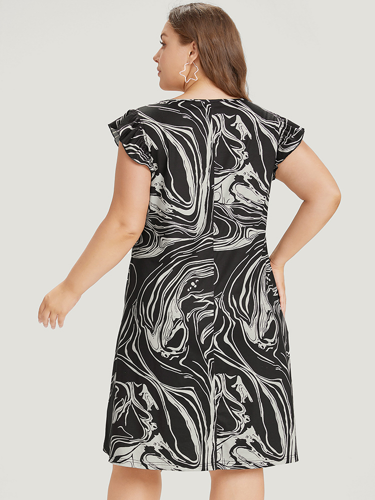 Plus Size Marble Pocket Ruffle Cap Sleeve Square Neck Dress Black Women Casual Pocket Square Neck Sleeveless Curvy Midi Dress BloomChic 14-16/1X 