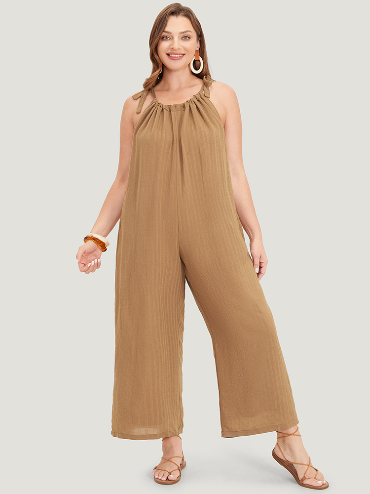 

Plus Size Bronze Plain Textured Pocket Halter Tie Overall Jumpsuit Women Casual Sleeveless Spaghetti Strap Dailywear Loose Jumpsuits BloomChic