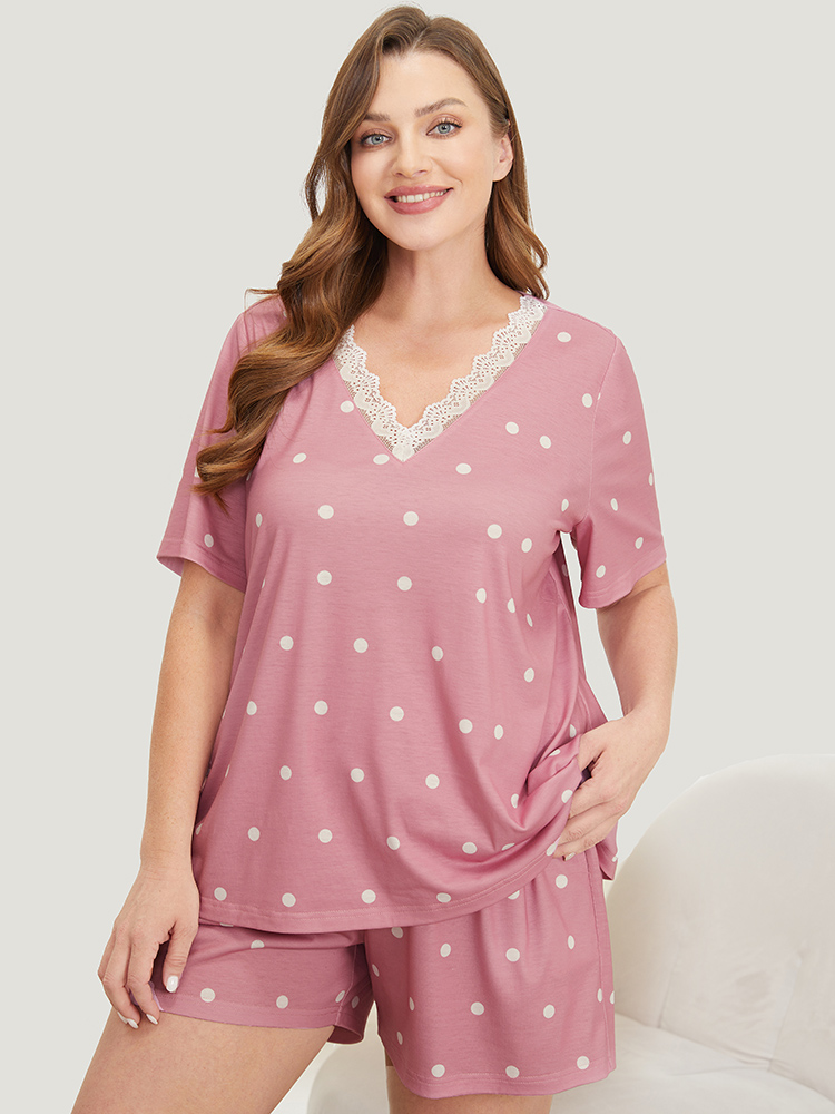 Polka Dot V Neck Lace Trim Sleep Top BloomChic 