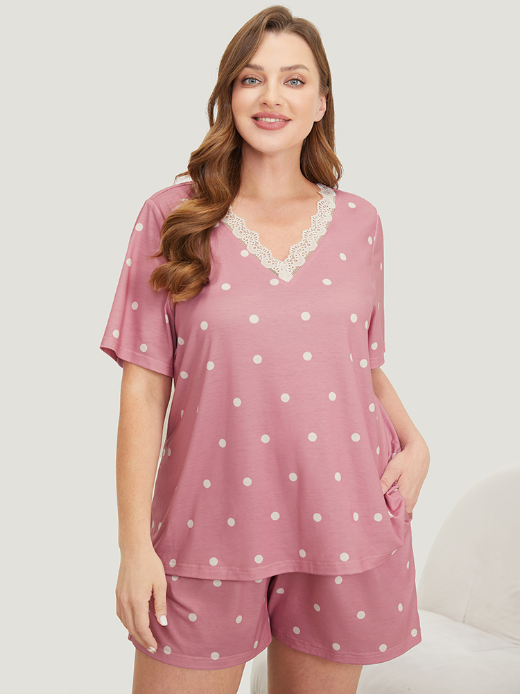 

Plus Size Polka Dot V Neck Lace Trim Sleep Top Pink Polka Dot Short sleeve V-neck Dailywear Elegant  Bloomchic