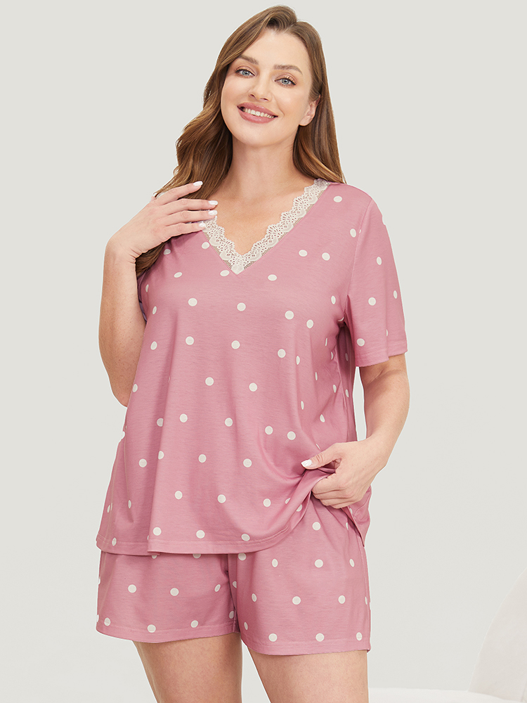 Polka Dot V Neck Lace Trim Sleep Top BloomChic 