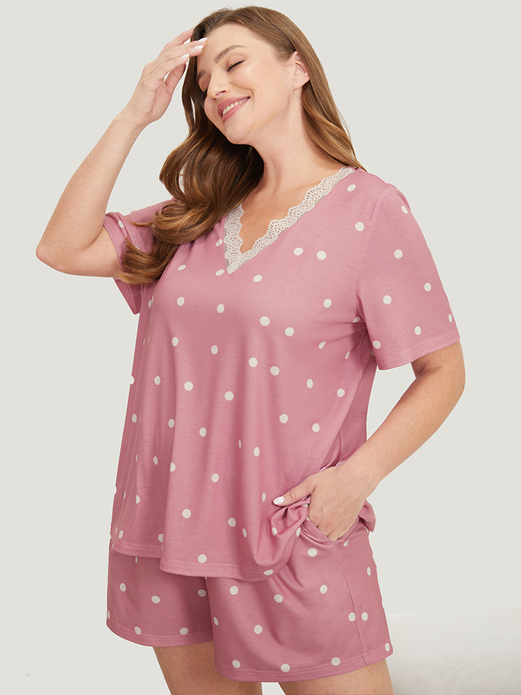 Polka Dot V Neck Lace Trim Sleep Top BloomChic 