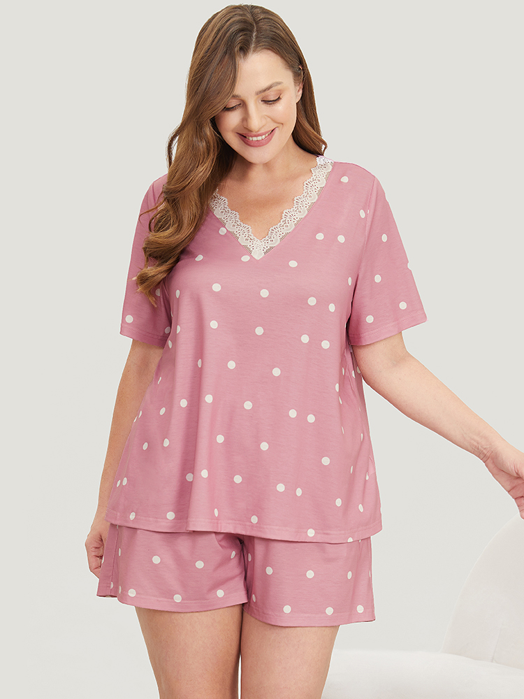 Polka Dot V Neck Lace Trim Sleep Top BloomChic 