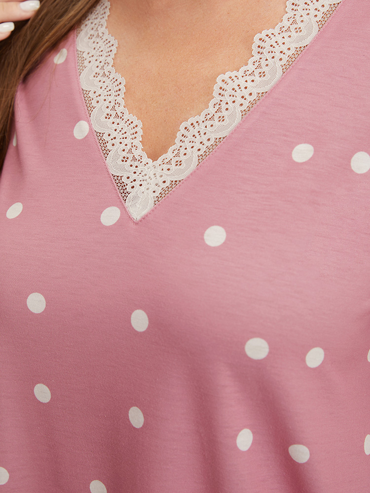 Polka Dot V Neck Lace Trim Sleep Top BloomChic 
