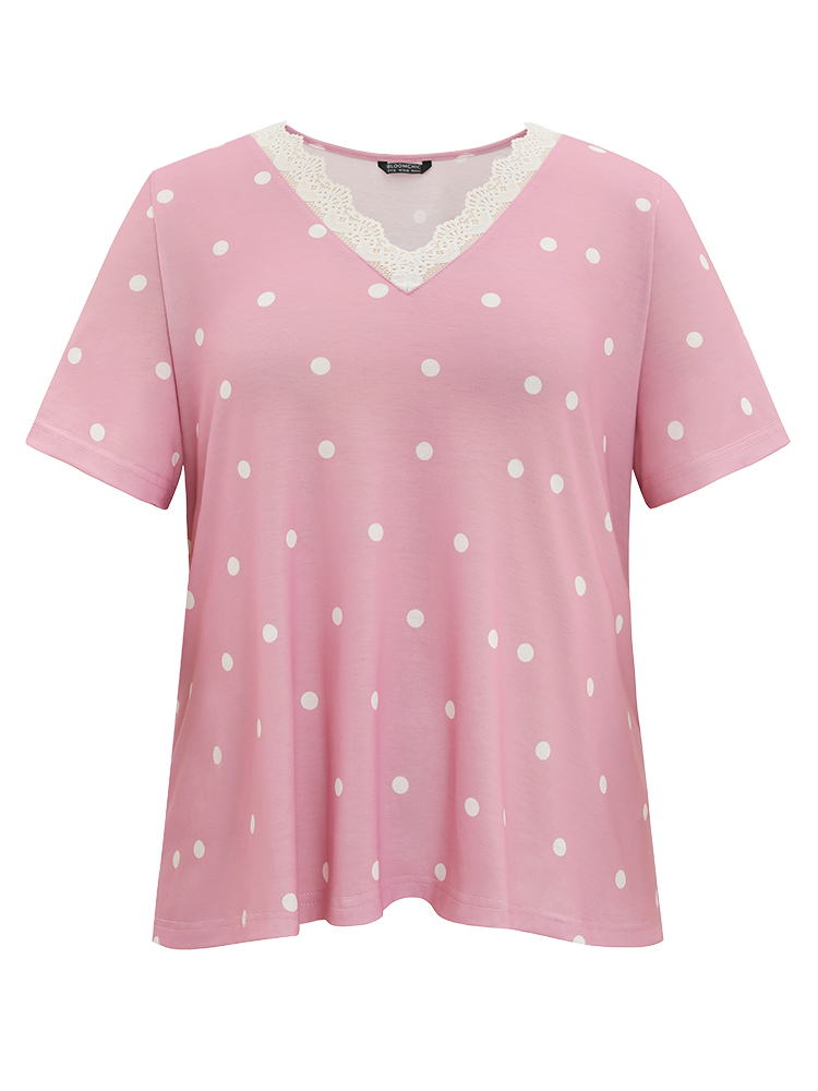 Polka Dot V Neck Lace Trim Sleep Top BloomChic 