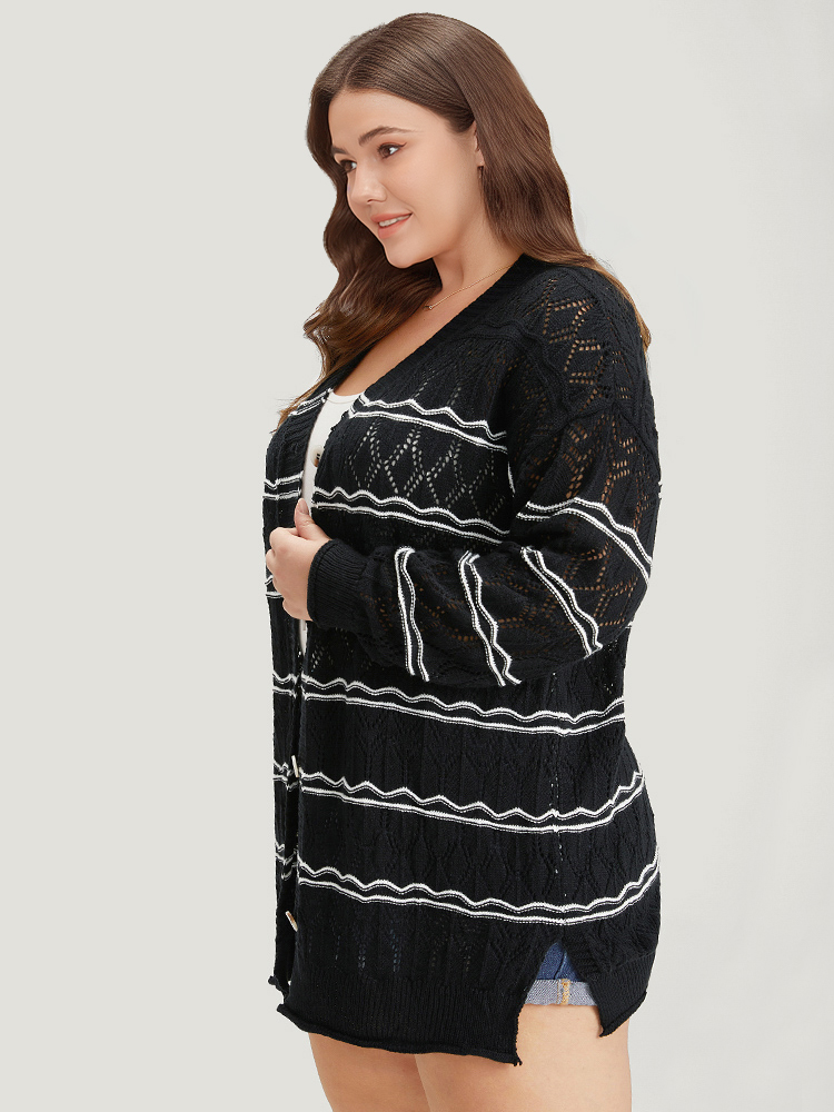 

Plus Size Striped Geometric Button Through Cardigan Black Women Casual Loose Long Sleeve Dailywear Cardigans BloomChic